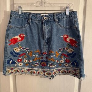 Umgee Denim Mini Skirt with Red Bird Embroidery